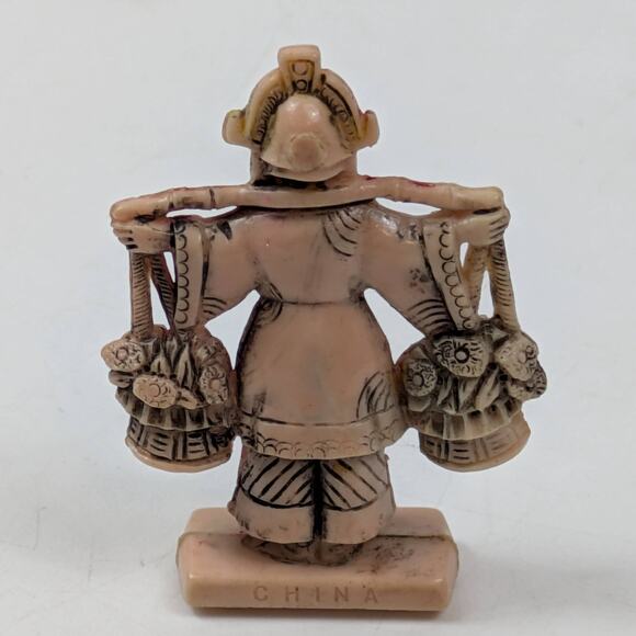 Vintage Carved Figurine Asian Woman with Baskets Red Wash Stamped China 2 Inch - Picture 2 of 4